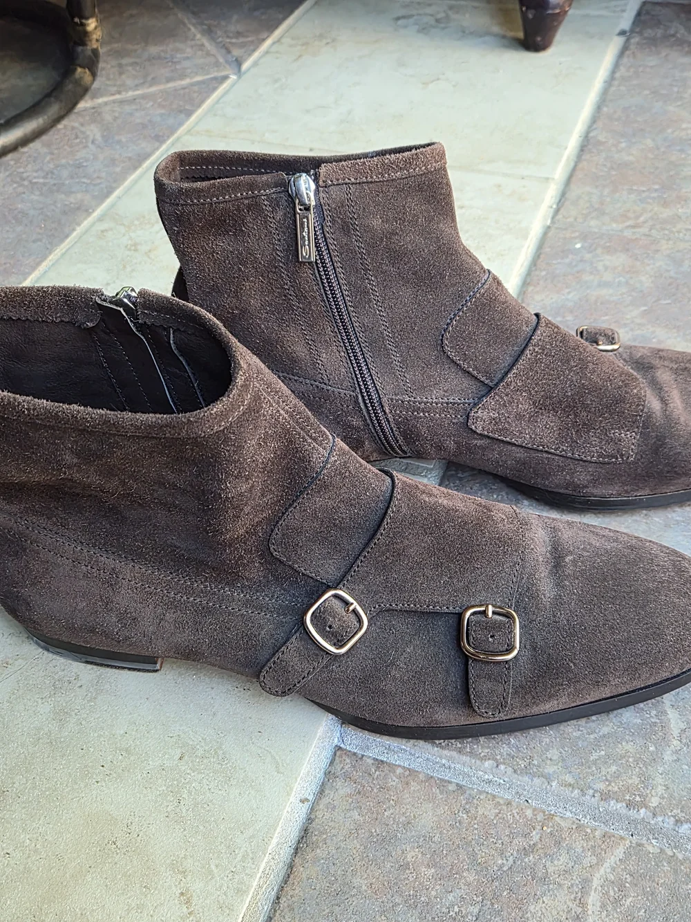 Santoni Handmade Brown Suede Double Monk Strap Ankle Boots With Zipper